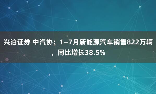 兴泊证券 中汽协：1—7月新能源汽车销售822万辆，同比增长38.5%